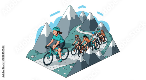 Cyclists enjoy mountain adventure on scenic path through majestic peaks in isometric style