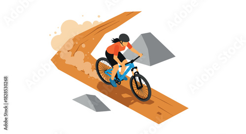 Isometric mountain biker navigating rocky trail in dynamic motion