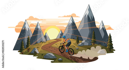 Cyclist riding through mountain landscape at sunset in colorful cartoon style