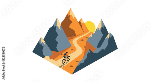 Colorful cycling adventure in mountain landscape with rising sun