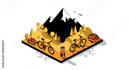 Isometric mountain biking adventure design with gear and scenic landscape