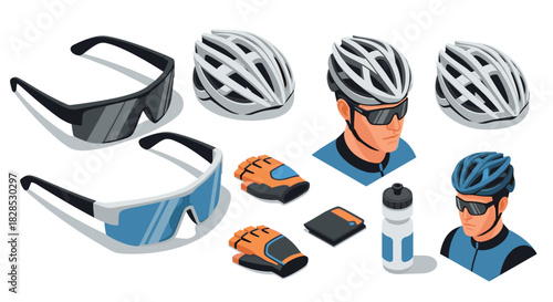 Isometric cycling gear set: helmets, gloves, sunglasses, and water bottle
