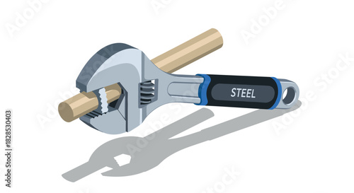 Isometric adjustable wrench holding wooden rod on white background