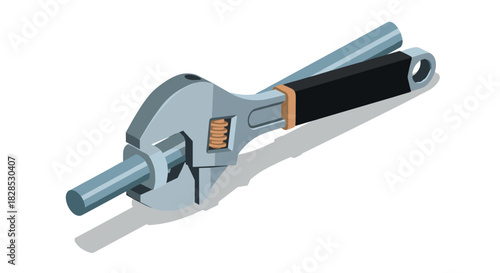 Adjustable wrench with black handle and metal pipe in isometric view for tool and repair concept