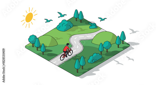 Cyclist enjoying nature in isometric landscape with sunny skies