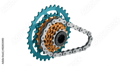 3d bicycle gear mechanism with chain and sprockets in motion