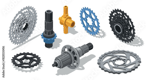 Isometric bicycle gear components: chains, sprockets, hubs, and rotors