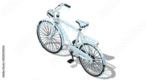 Isometric bicycle covered in ice and icicles on a cold winter day