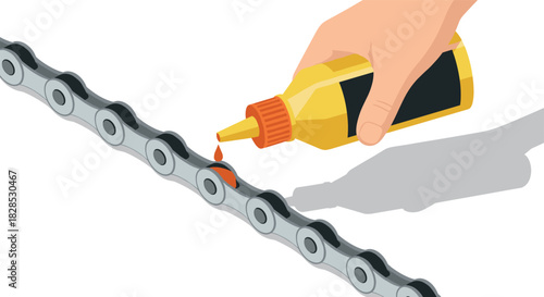 Hand applying oil to bicycle chain for smooth maintenance in flat design