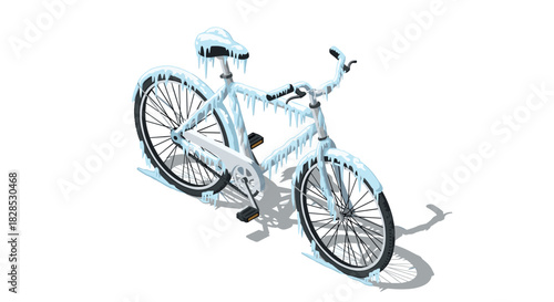 Isometric frozen bicycle with icicles on white background
