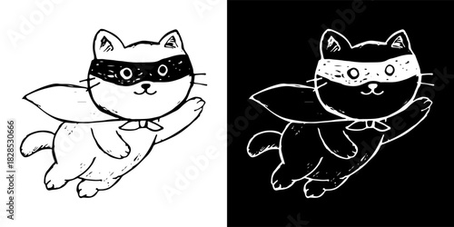 Cute flying superhero cat wearing a mask and a cape vector character hand drawn.