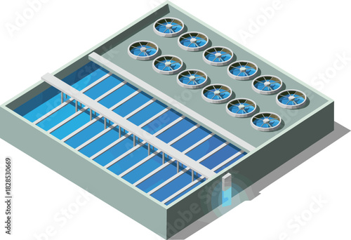 Isometric industrial water treatment system with ventilation fans, filtration tanks and purification structure in modern facility layout for processing efficiency