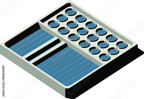 Isometric industrial water treatment system with ventilation fans, filtration tanks and purification structure in modern facility layout for processing efficiency