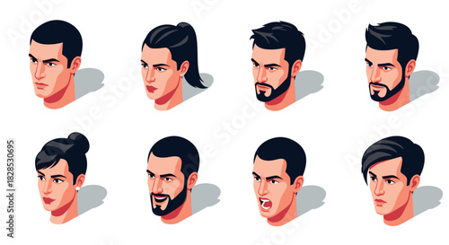Diverse male and female hairstyles in modern cartoon style