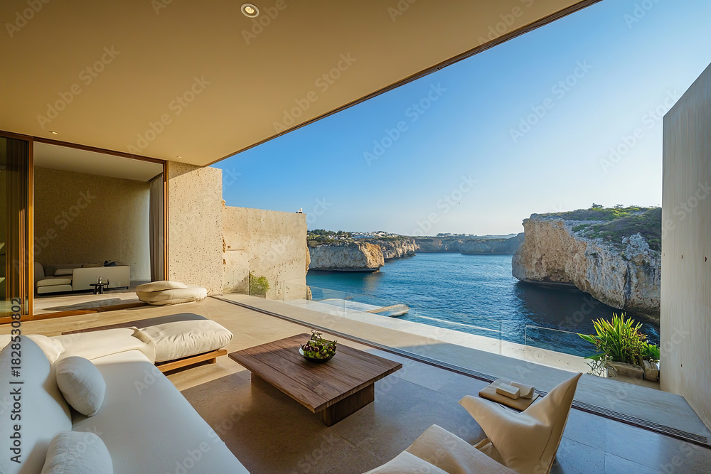 Fototapeta premium Modern livingroom features large sofa facing ocean view through glass doors, creating luxury tropical escape with bright natural light and dramatic island scenery.