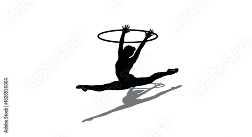 Gymnast in mid-air with hoop silhouette on white background