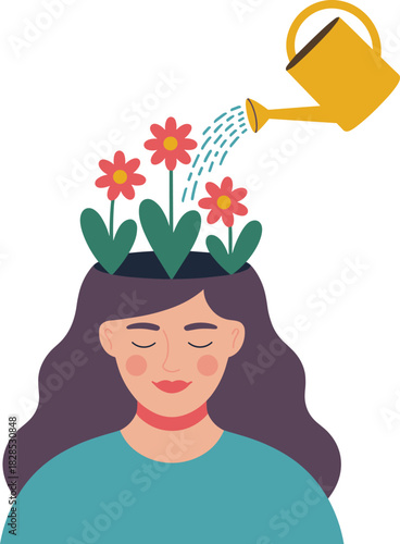 Mindful personal growth illustration of a woman nurturing positive thoughts with flowers and watering can, symbolizing mental health, wellness, and self-care