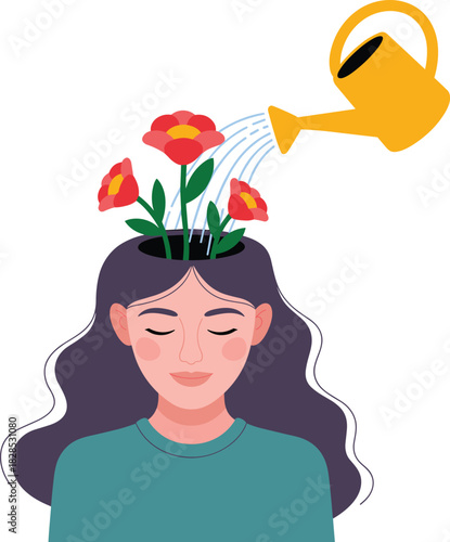 Mindful personal growth illustration of a woman nurturing positive thoughts with flowers and watering can, symbolizing mental health, wellness, and self-care