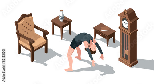 Isometric yoga pose art with classic furniture and grandfather clock