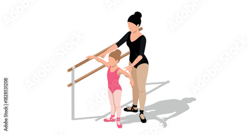 Ballet instructor teaching young girl at barre in isometric style
