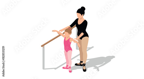Isometric ballet class with instructor and child practicing at barre