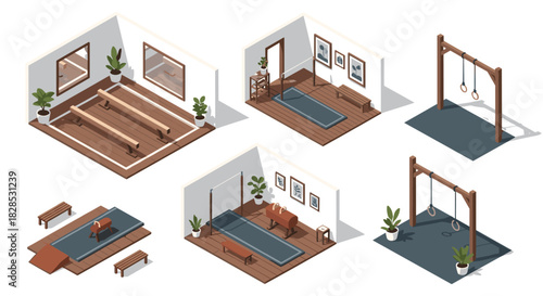 Isometric modern home gym with wooden equipment and minimalist design elements