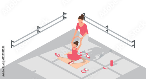 Ballet teacher assisting young dancer in studio with barres