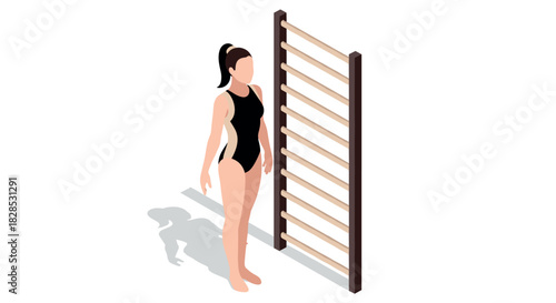 Female gymnast in swimsuit standing by wall bars in isometric style