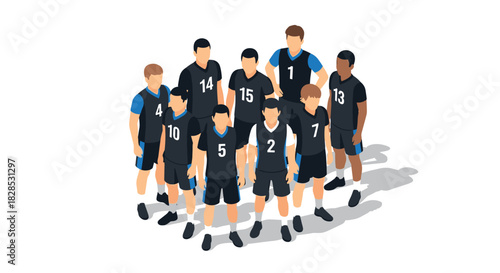 Diverse isometric soccer team in black jerseys with blue accents on white background