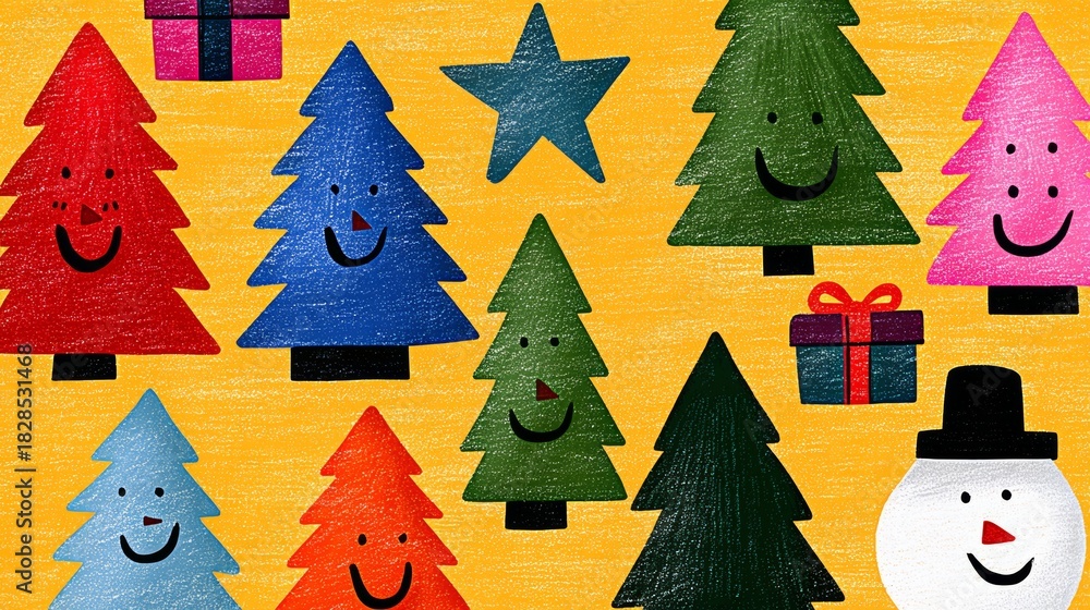 Fototapeta premium Colorful illustration of cheerful Christmas trees, presents, and a smiling snowman on a vibrant yellow background, creating a festive and joyful holiday atmosphere with playful elements