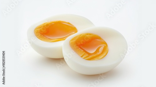 Hard boiled eggs sliced in half revealing yolk isolated on white background with clipping path for food or nutrition concept.
