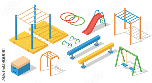 Colorful isometric playground equipment featuring slide, swing, and climbing frames