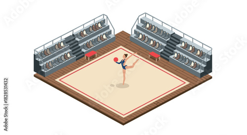 Gymnast performing ribbon routine on isometric arena with empty stands