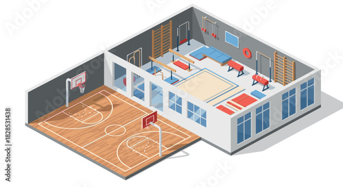 Modern isometric gymnasium with basketball and gymnastics areas
