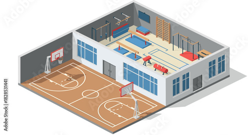 Isometric indoor sports facility with gym and basketball court featuring modern equipment