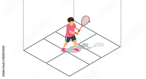Isometric tennis player on court with racket in action pose