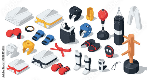 Isometric martial arts equipment collection with karate and boxing gear