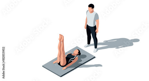 Isometric workout scene with trainer and woman exercising on mat in gym setting