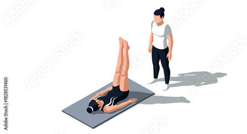 Isometric fitness training: two women in yoga workout session on mat
