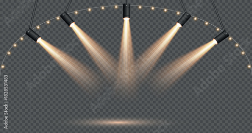 Stage spotlights casting bright golden beams downwards, illuminating an empty scene with decorative string lights, perfect for event backdrops and theatrical designs.