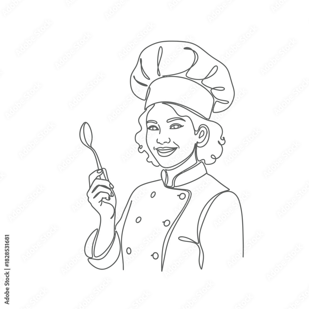 Naklejka premium Line art illustration of a female chef with spoon woman cook baker continuous one drawing minimalist culinary kitchen