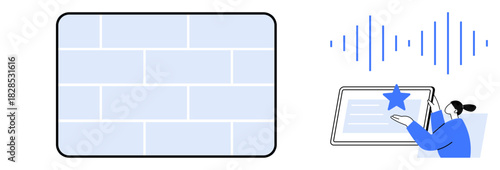 Blue wall grid, sound wave signal, person interacting with tablet and star icon. Ideal for productivity, task management, user interface, sound feedback, digital tools, teamwork simple flat metaphor