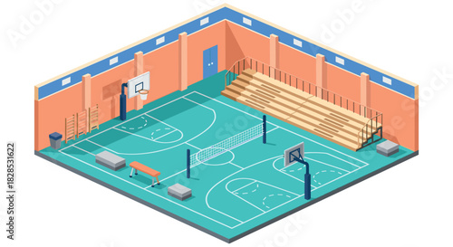 Modern isometric indoor sports arena with volleyball and basketball courts