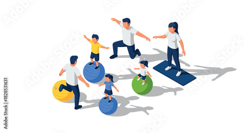 Family fitness fun: parents and kids exercising with balance balls in isometric style