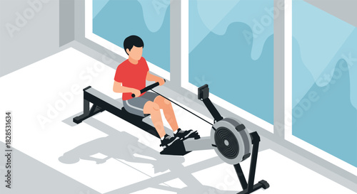 Indoor rowing exercise in bright fitness room with large windows