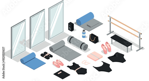 Ballet and yoga essentials in isometric style with workout gear