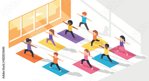 Colorful group yoga class in bright studio featuring diverse participants