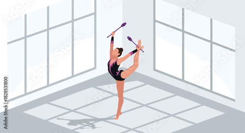 Elegant rhythmic gymnast performing with clubs in sunlit studio