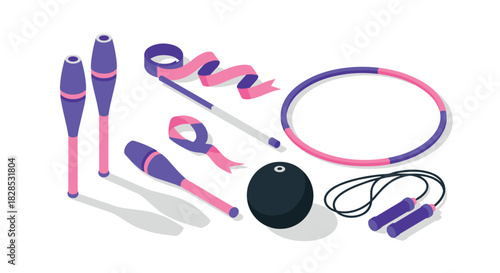 Colorful gymnastics equipment set in isometric style for fitness and rhythmic exercises