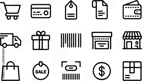 White Credit Commerce Cart Black Design Card Price Line Icons Shopping Thin